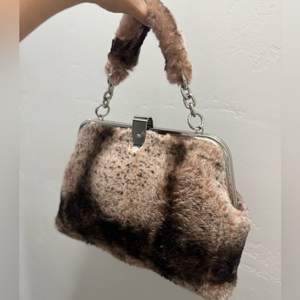 Real Rex Rabbit Fur Handmade Unique Rivet Frame Push Lock Handbag, Crossbody - Picture 5 of 16